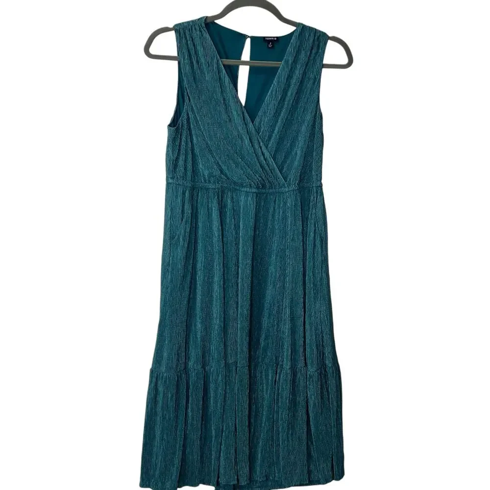 Torrid Crinkle Knit Surplice Midi Skater Dress Pine Green Plus Size Women 2X - Picture 2 of 8